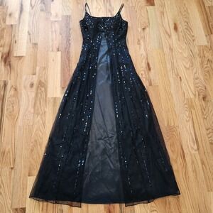 VTG Y2K Black Sequin Tulle Maxi Prom Dress Split Mesh Overlay Evening Gown Small
